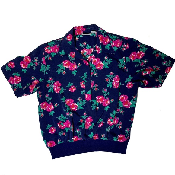 Vintage 80s Alfred Dunner Shoulder Pads Hawaiian Floral Top Shirt Size Medium - Picture 1 of 7